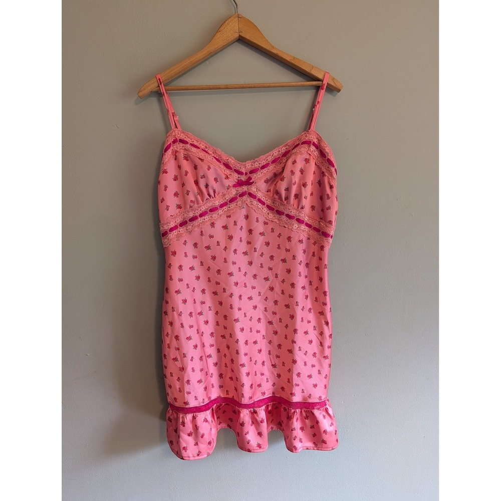 Betsey Johnson Forever 21 Pink‎ Floral Satin Lace Slip Dress XL Mini Coquette